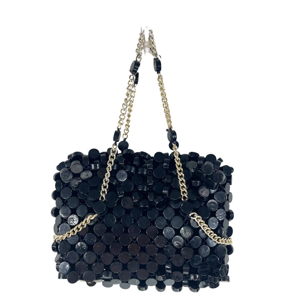 Unbranded Handbags - Vintage 60s 70s Beaded Evening Bag Purse Black Silver RARE Woven Plastic Disc